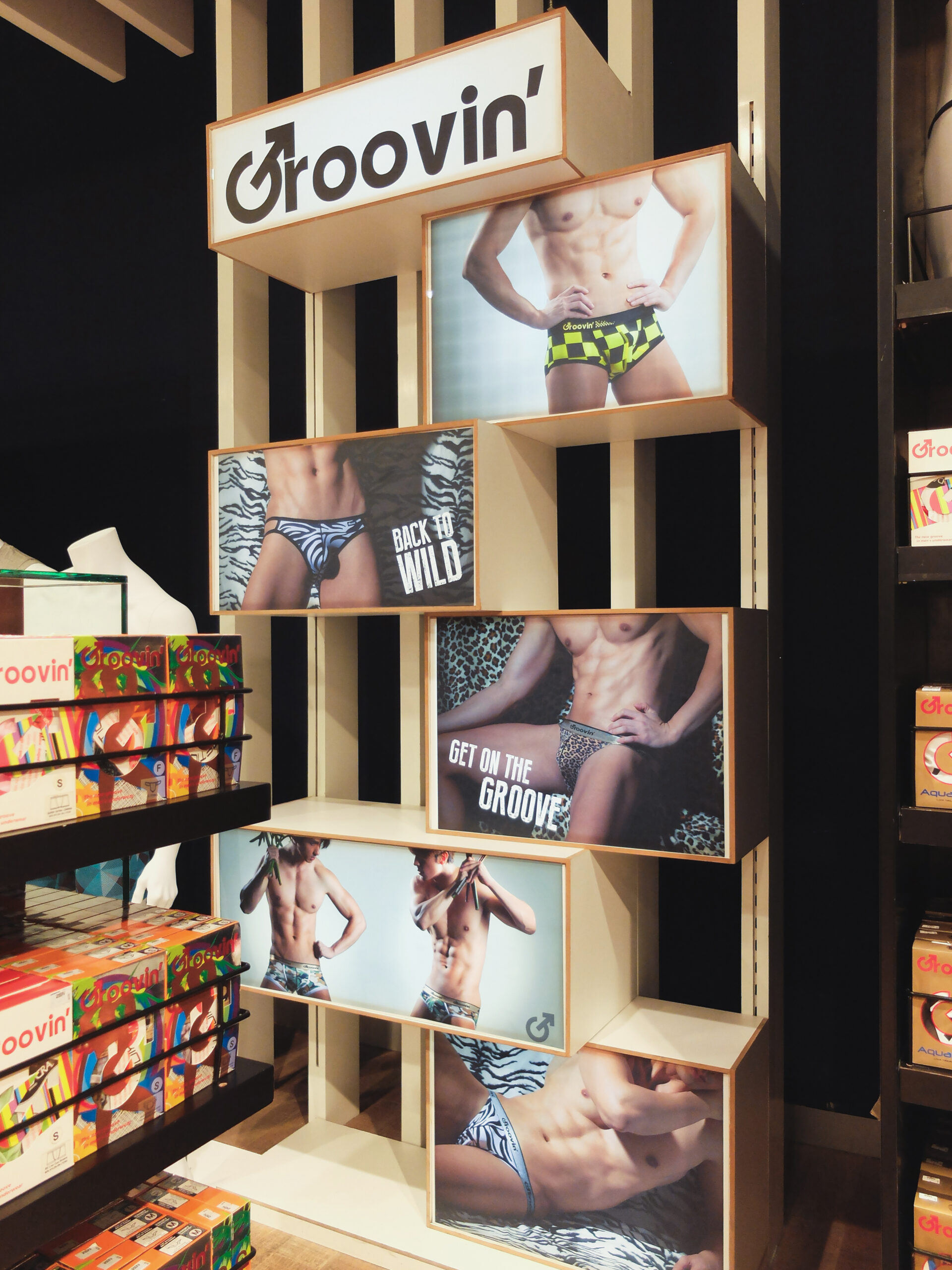 GROOVIN’ store display at CentralWorld Thailand, showcasing men's underwear collection in a premium retail setting